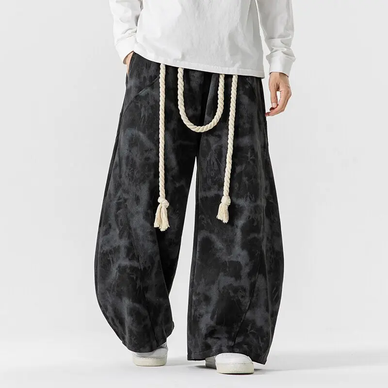 IEFB Niche Design Men's Casual Pants Rope Tie Dye Wide Leg Machete Trousers Contrast Color Pocket Straight Male Bottom 9W2377