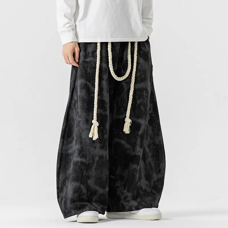 IEFB Niche Design Men's Casual Pants Rope Tie Dye Wide Leg Machete Trousers Contrast Color Pocket Straight Male Bottom 9W2377