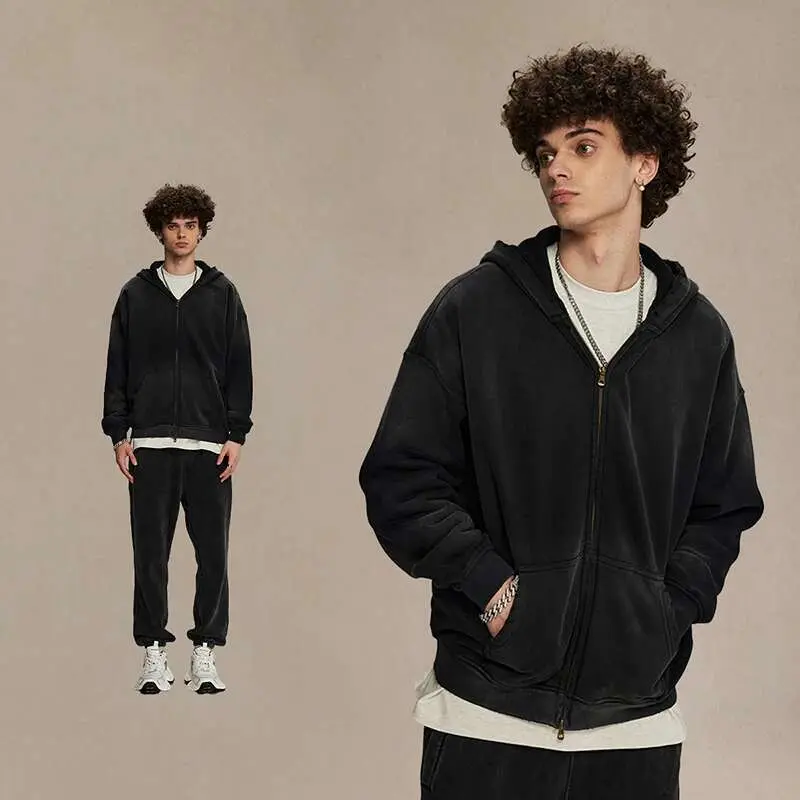 IEFB Solid Color Men's Two-piece Sets Hooded Big Pockets Simple Washing Worn-out Sweatshirts Elastic Waist Straight Pants 9W670