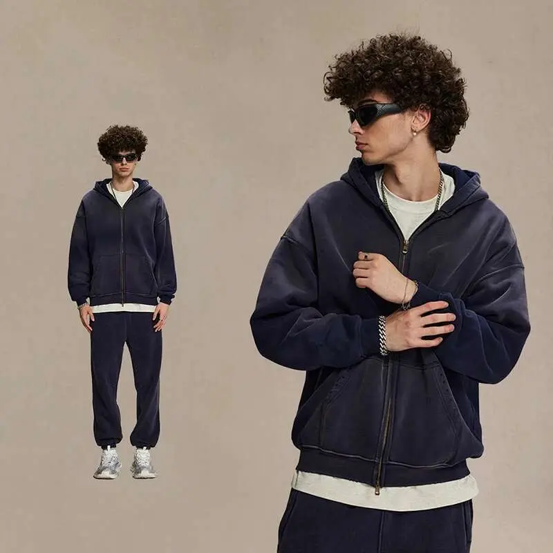 IEFB Solid Color Men's Two-piece Sets Hooded Big Pockets Simple Washing Worn-out Sweatshirts Elastic Waist Straight Pants 9W670