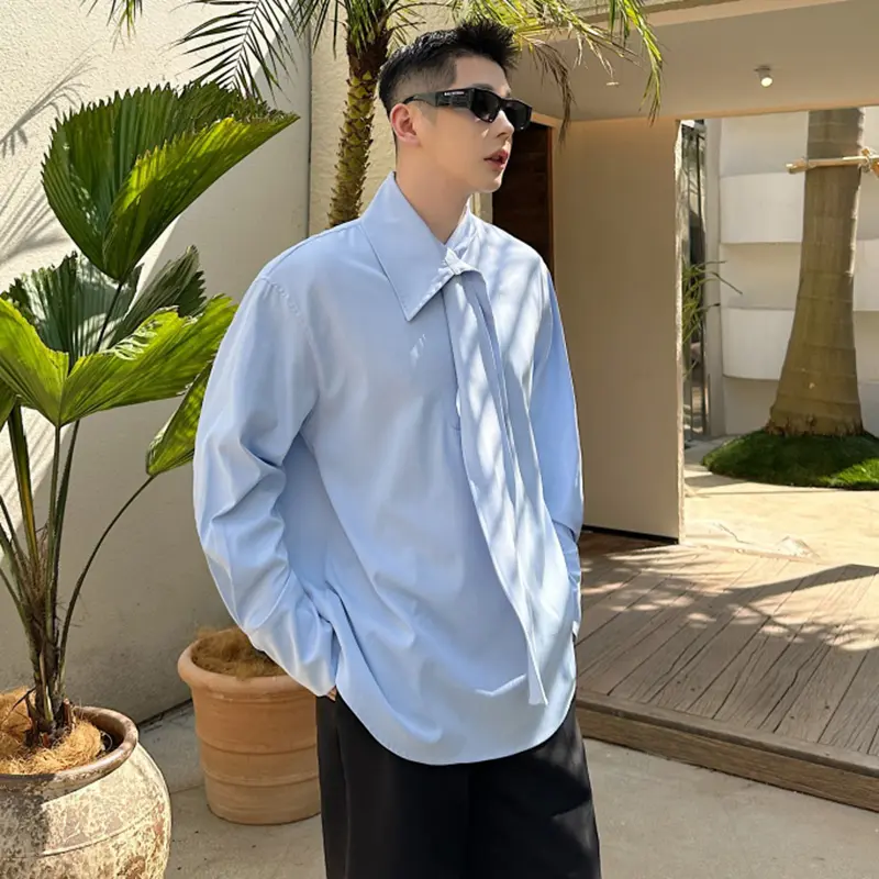 IEFB Summer Men's Shirts Long Sleeve Trendy One-piece Tie Decoration Pullover Metal Buckle Design Male Casual Clothing 9W1878