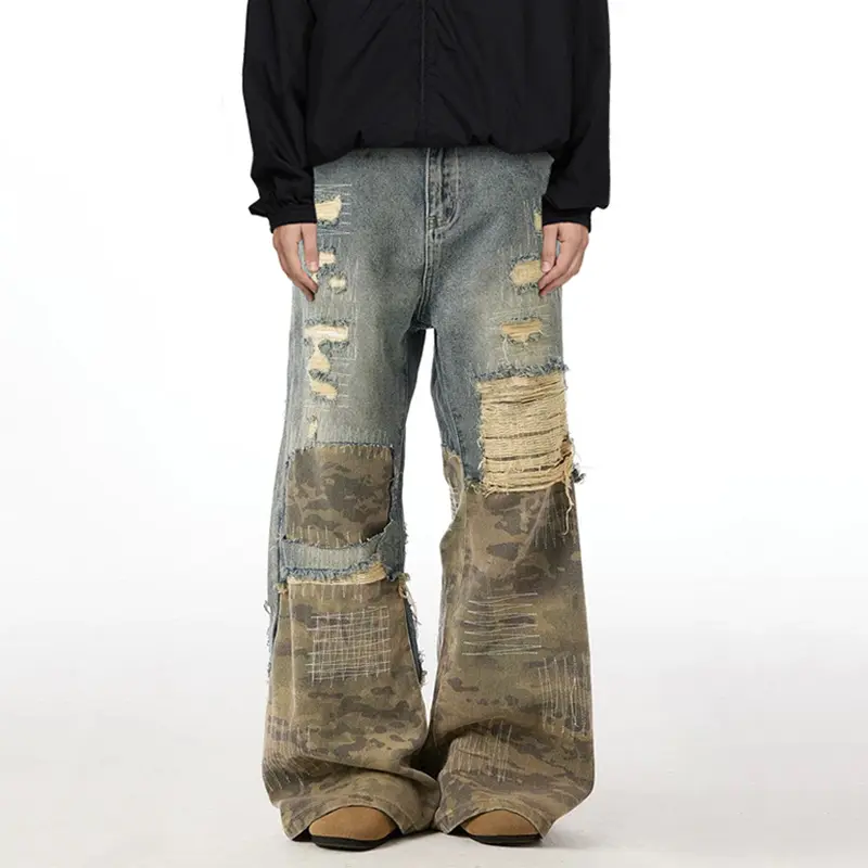IEFB High Street Men's Jeans Crewel Embroidery Camouflage Patchwork Hole Design Niche Washing Baggy Male Denim Pants New 9W940