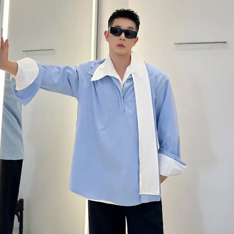 IEFB Summer Men's Shirts Long Sleeve Trendy One-piece Tie Decoration Pullover Metal Buckle Design Male Casual Clothing 9W1878