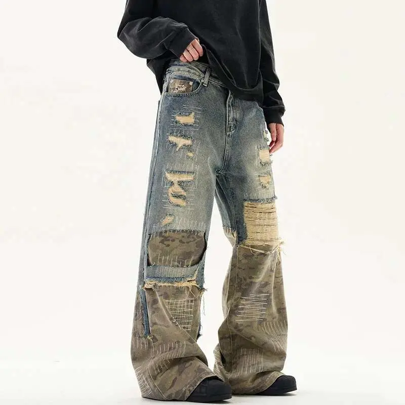 IEFB High Street Men's Jeans Crewel Embroidery Camouflage Patchwork Hole Design Niche Washing Baggy Male Denim Pants New 9W940