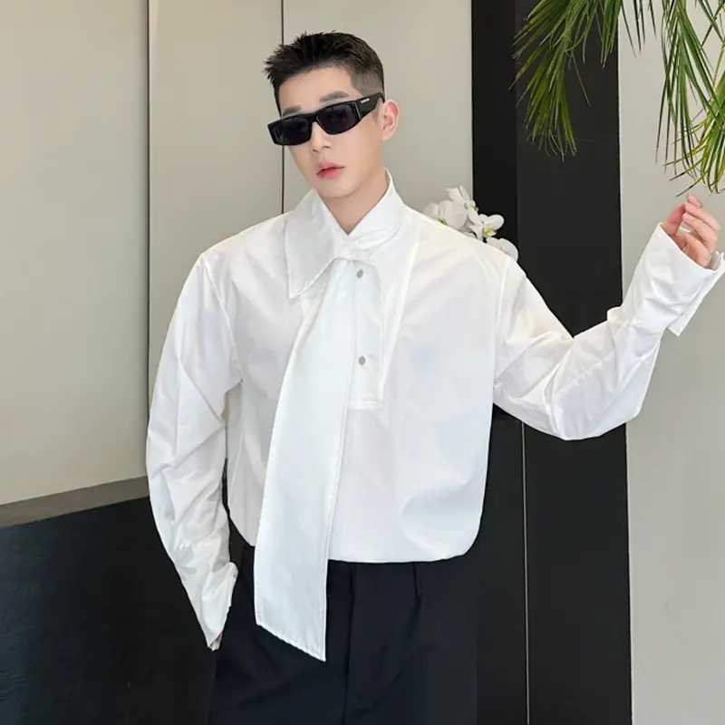 IEFB Summer Men's Shirts Long Sleeve Trendy One-piece Tie Decoration Pullover Metal Buckle Design Male Casual Clothing 9W1878