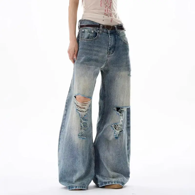 IEFB American Style Distressed Jeans Men's Holes Design Solid Color Casual Torusers Wide Leg Loose Male Denim Pants Tide 9W2679