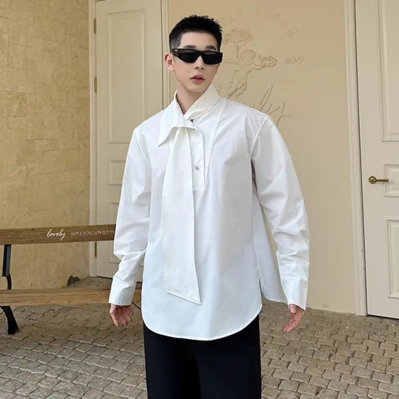 IEFB Summer Men's Shirts Long Sleeve Trendy One-piece Tie Decoration Pullover Metal Buckle Design Male Casual Clothing 9W1878
