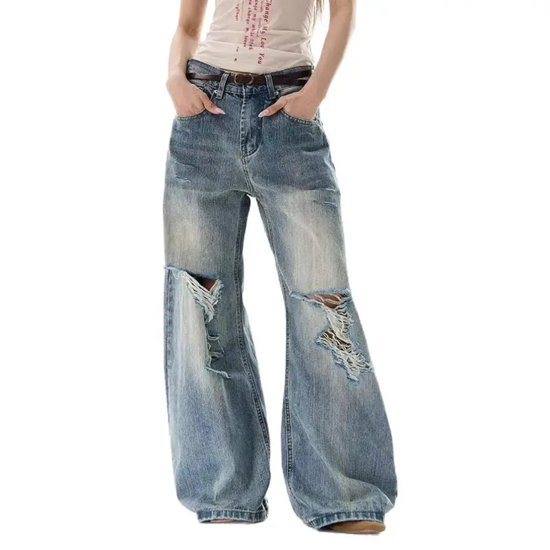 IEFB American Style Distressed Jeans Men's Holes Design Solid Color Casual Torusers Wide Leg Loose Male Denim Pants Tide 9W2679