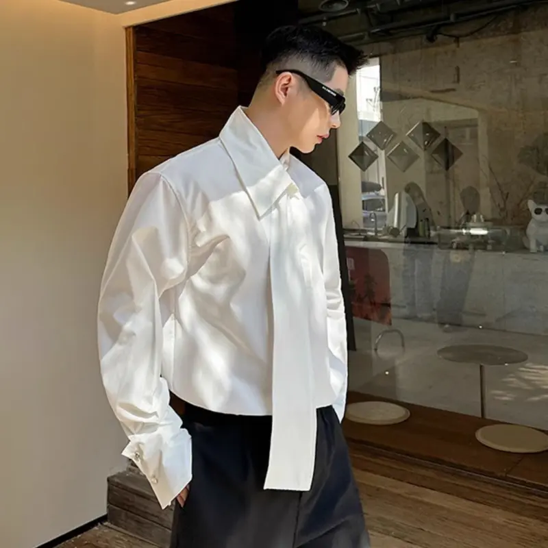 IEFB Summer Men's Shirts Long Sleeve Trendy One-piece Tie Decoration Pullover Metal Buckle Design Male Casual Clothing 9W1878