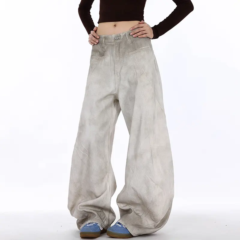 IEFB American Men Curved-knife Jeans Washed White Tie-Dyed Deconstructed New Loose Wide Leg Denim Pants Trend Women Baggy 9W3678