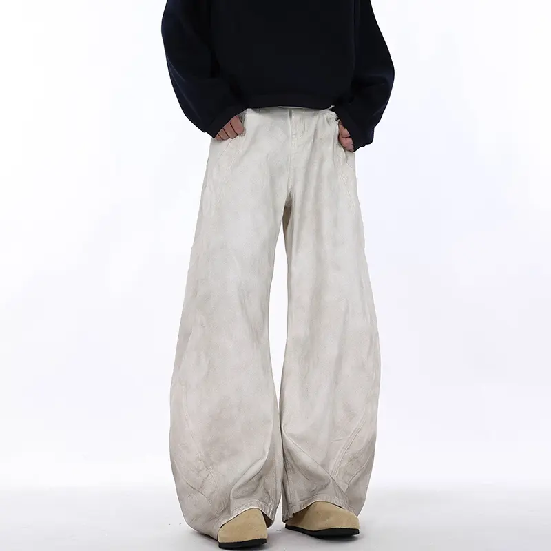 IEFB American Men Curved-knife Jeans Washed White Tie-Dyed Deconstructed New Loose Wide Leg Denim Pants Trend Women Baggy 9W3678