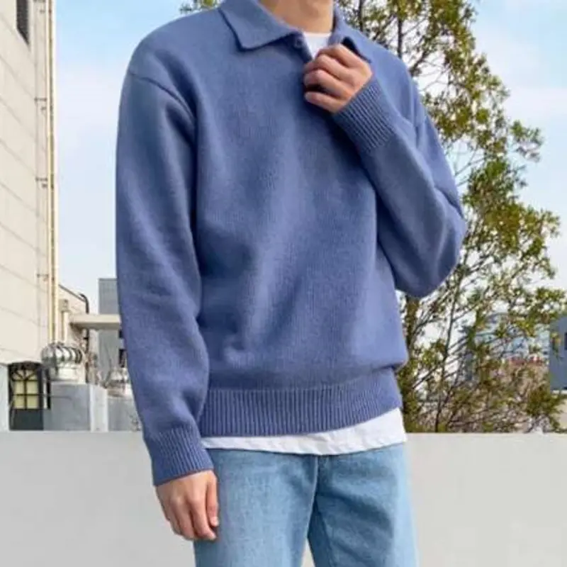 IEFB Korean New Chic Men's Lapel Pullovers Autumn Winter New Loose Long Sleeve Sweater Vintage Kinttwear Knitting Tops 9D1236
