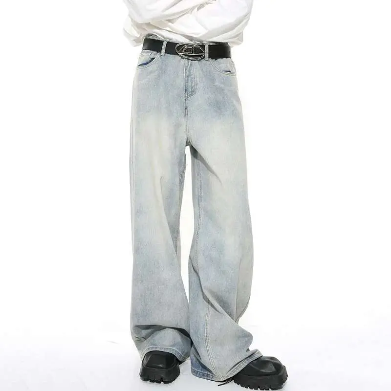 IEFB Washed Male Jeans Korean Fashion Worn Out Gradient Color Men's Denim Straight Pants Men Wide Leg Trousers Spring New 9C4502