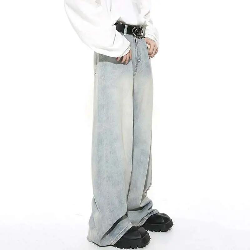IEFB Washed Male Jeans Korean Fashion Worn Out Gradient Color Men's Denim Straight Pants Men Wide Leg Trousers Spring New 9C4502