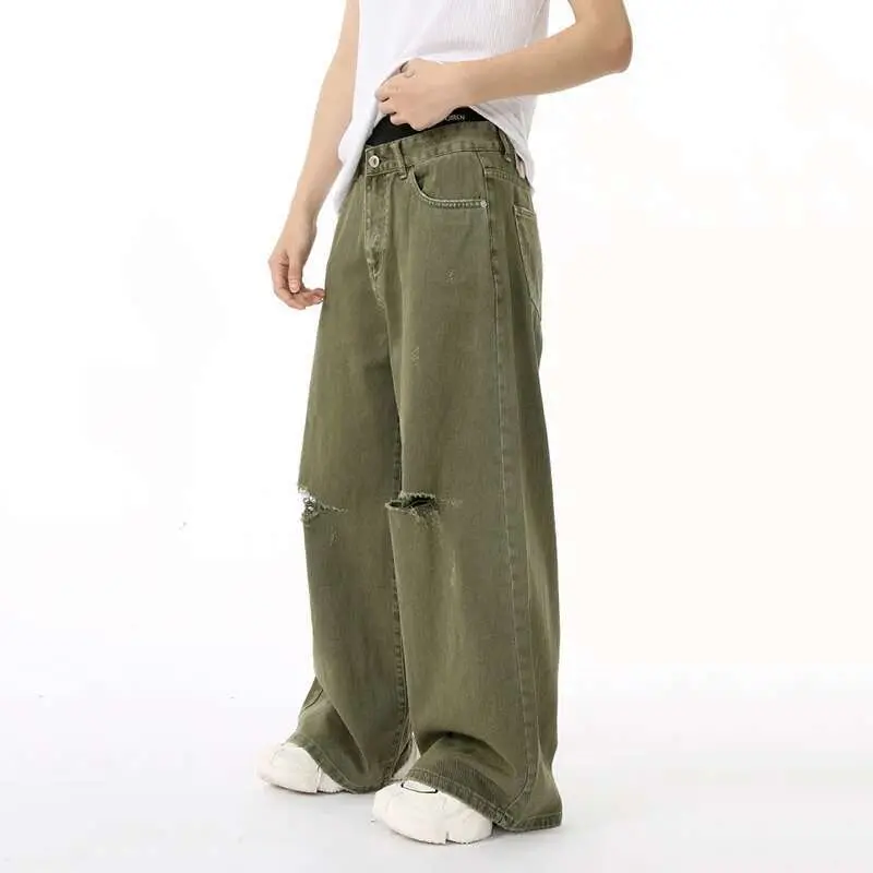 IEFB Men's Jean Vintage New Fashion Men Wear Hole Design Simple Solid Color Autumn Korean Straight Denim Pants Green 9C6950