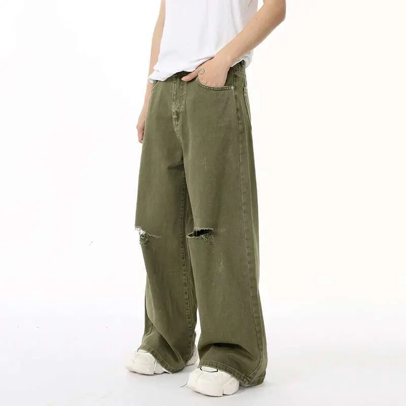 IEFB Men's Jean Vintage New Fashion Men Wear Hole Design Simple Solid Color Autumn Korean Straight Denim Pants Green 9C6950