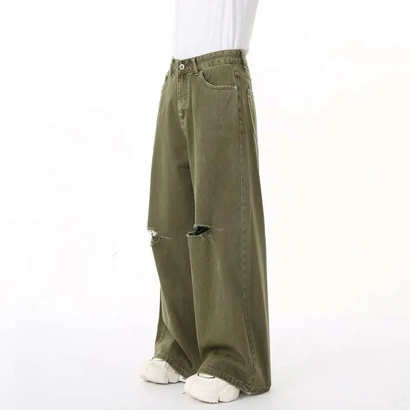 IEFB Men's Jean Vintage New Fashion Men Wear Hole Design Simple Solid Color Autumn Korean Straight Denim Pants Green 9C6950