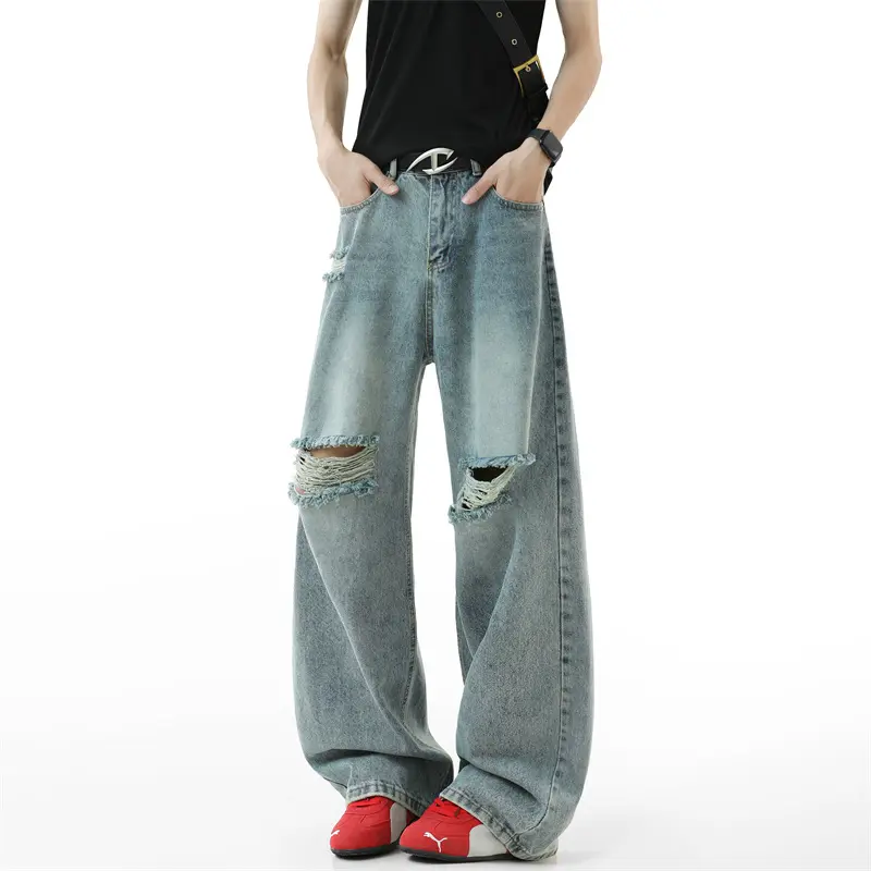 IEFB Denim Ripped Pants Men Clothing Summer Baggy Solid Color Male Straigh Loose Fit Jeans 2025 New Stylish Trousers Tide 9W3931