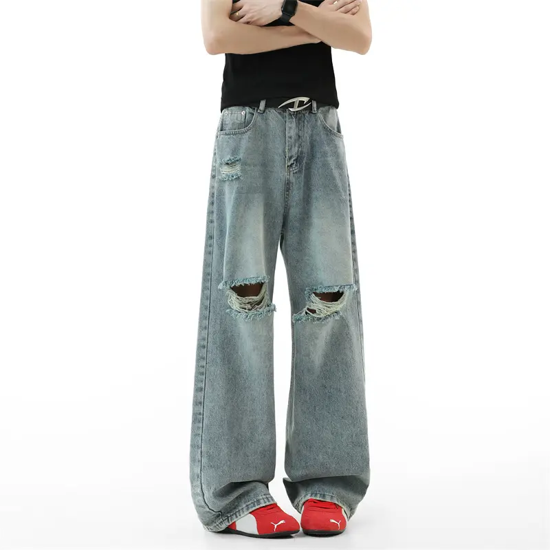 IEFB Denim Ripped Pants Men Clothing Summer Baggy Solid Color Male Straigh Loose Fit Jeans 2025 New Stylish Trousers Tide 9W3931