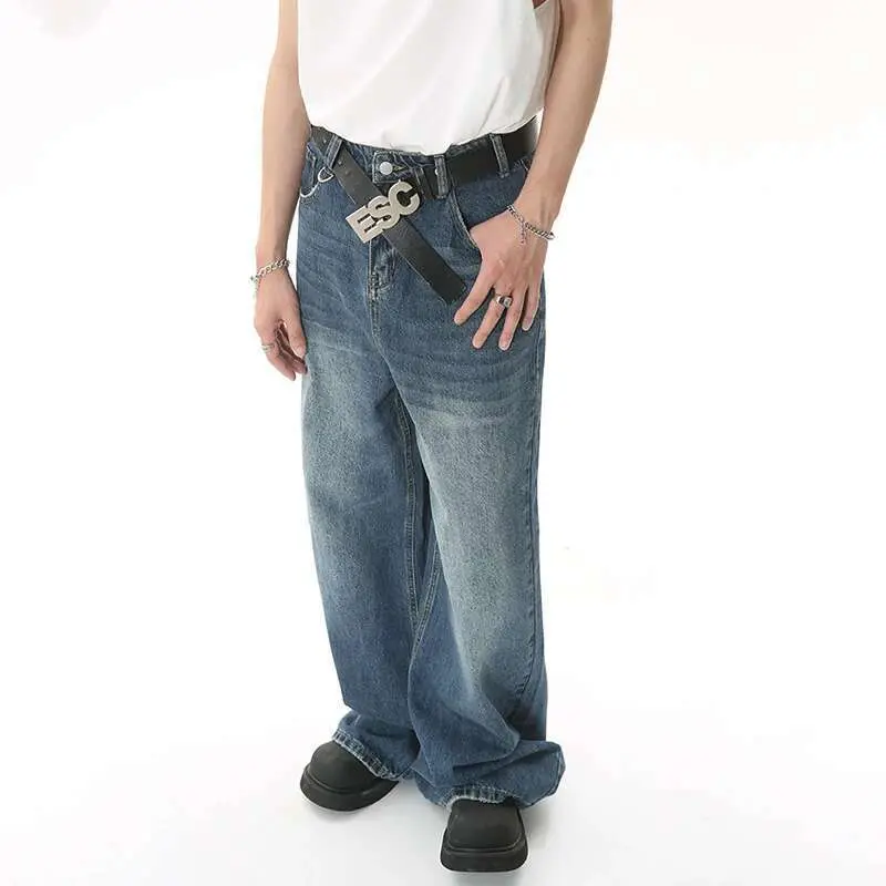 IEFB 2025 Spring New Trendy Jeans Metal Ring Design Male Gradient Color Washed Straight Male Denim Pants Wide Leg Casual 9C354