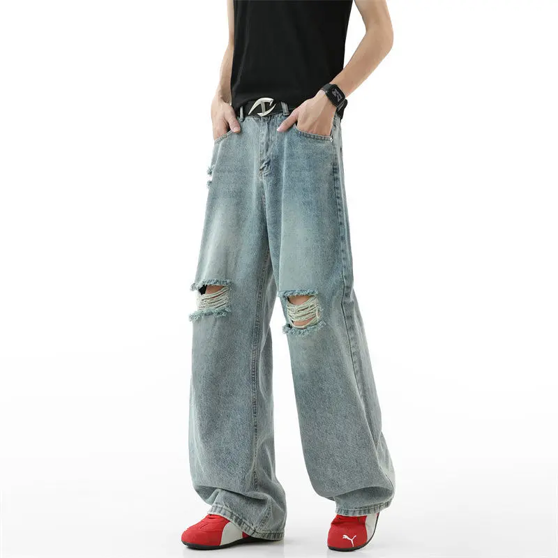 IEFB Denim Ripped Pants Men Clothing Summer Baggy Solid Color Male Straigh Loose Fit Jeans 2025 New Stylish Trousers Tide 9W3931