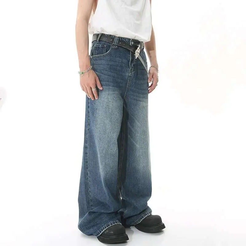 IEFB 2025 Spring New Trendy Jeans Metal Ring Design Male Gradient Color Washed Straight Male Denim Pants Wide Leg Casual 9C354