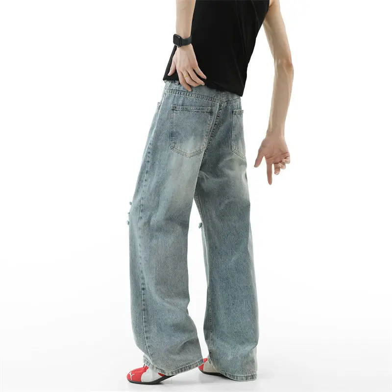 IEFB Denim Ripped Pants Men Clothing Summer Baggy Solid Color Male Straigh Loose Fit Jeans 2025 New Stylish Trousers Tide 9W3931