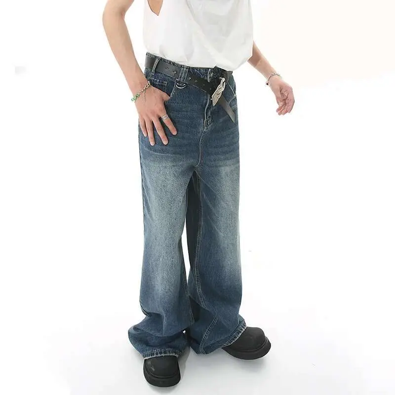 IEFB 2025 Spring New Trendy Jeans Metal Ring Design Male Gradient Color Washed Straight Male Denim Pants Wide Leg Casual 9C354