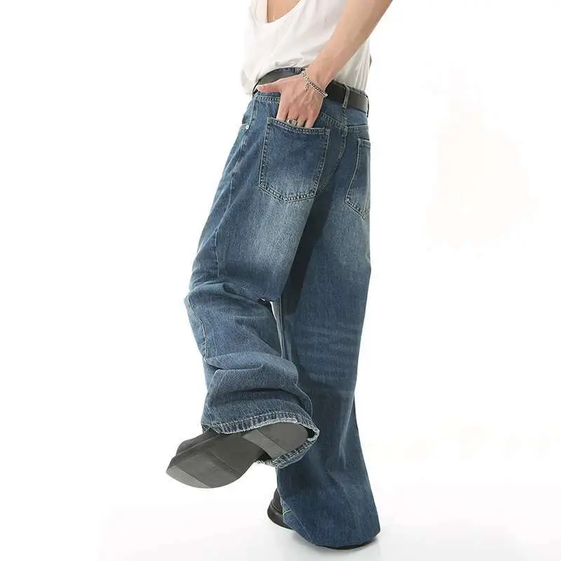 IEFB 2025 Spring New Trendy Jeans Metal Ring Design Male Gradient Color Washed Straight Male Denim Pants Wide Leg Casual 9C354