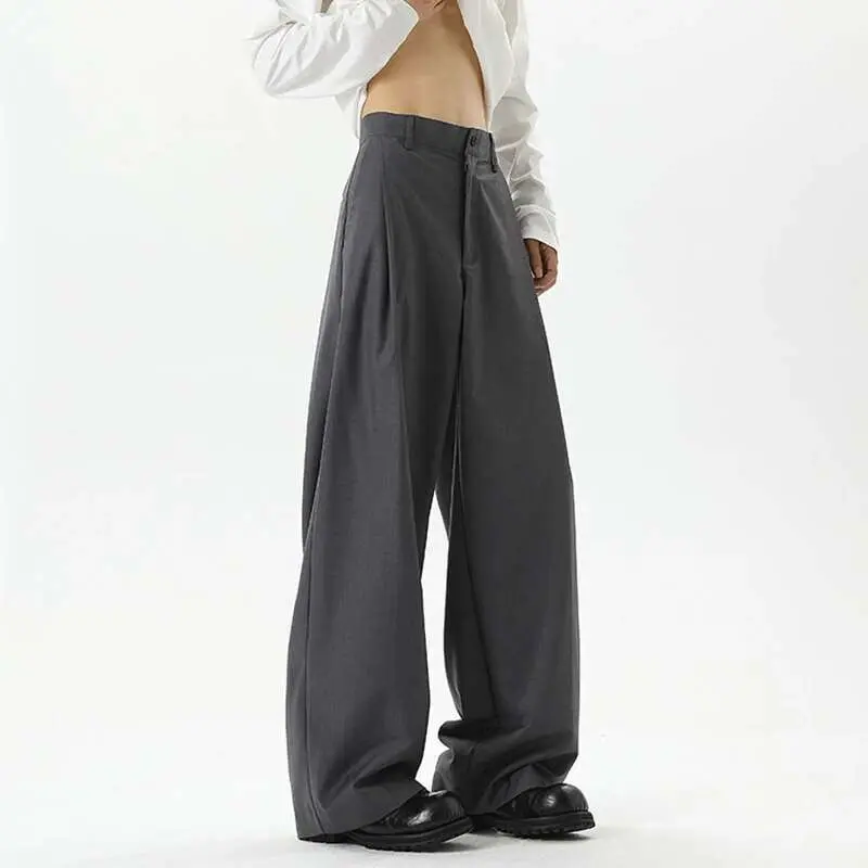 IEFB American Style Men's Suit Trousers Pleated Design Wide Leg Solid Color Button Casual Bottom Straight New Male Pants 9W766