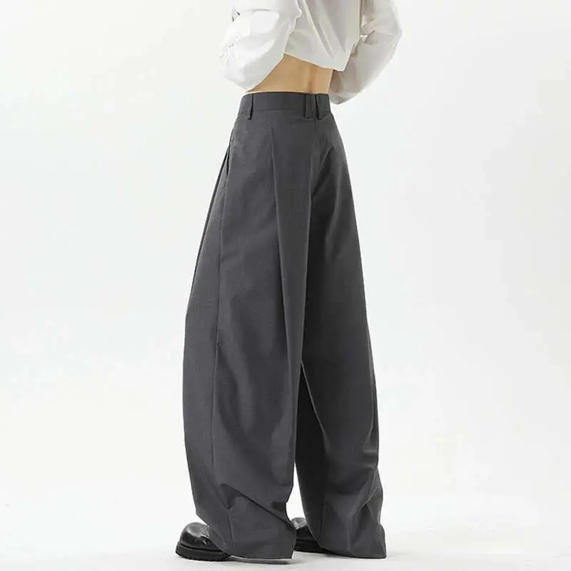 IEFB American Style Men's Suit Trousers Pleated Design Wide Leg Solid Color Button Casual Bottom Straight New Male Pants 9W766