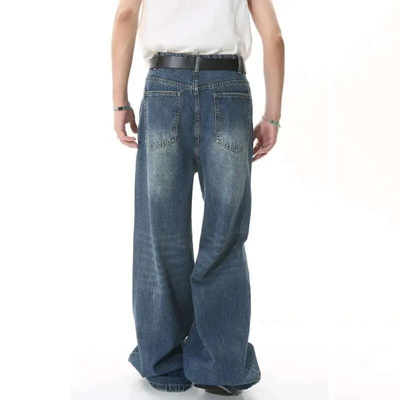 IEFB 2025 Spring New Trendy Jeans Metal Ring Design Male Gradient Color Washed Straight Male Denim Pants Wide Leg Casual 9C354