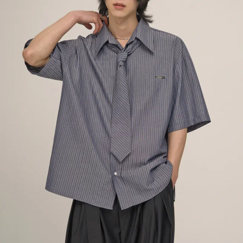 IEFB Niche Design Men's Shirt Stripe Turn-down Collar Tie Decoration Short Sleeve Contrast Color Single Breasted Male Top 9W2718