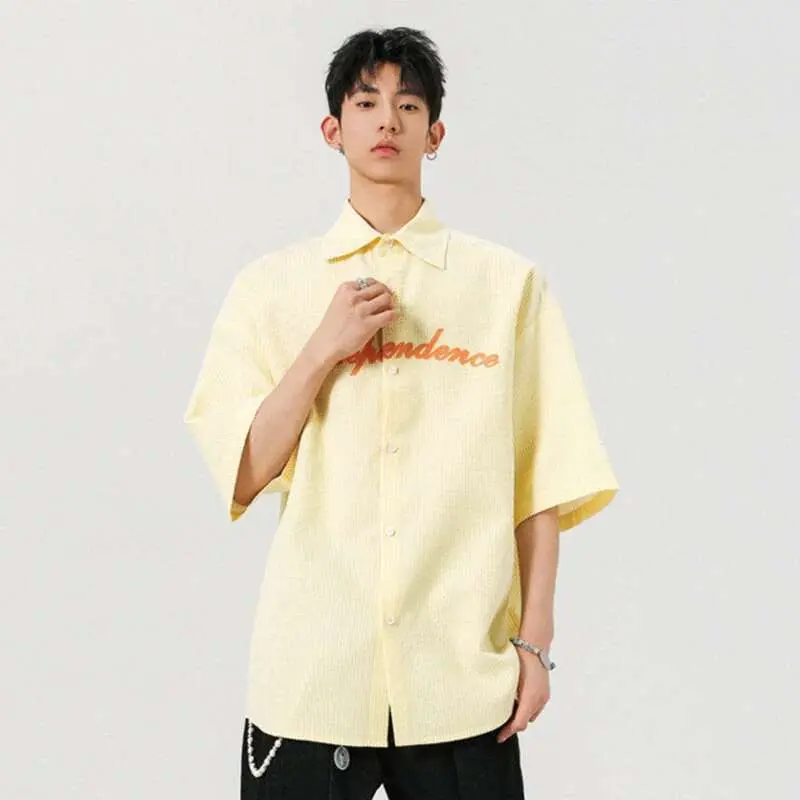 IEFB Men's Shirts Short Sleeve New Summer Stripe Letter Printed Design Lapel Singel Breasted Korean Style Male Tees 9W2073