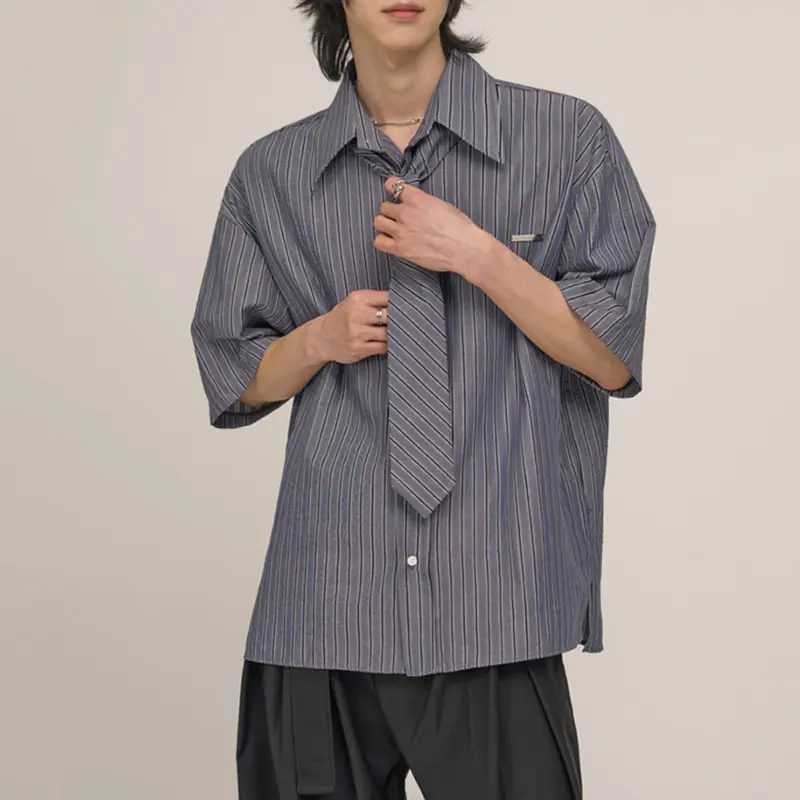 IEFB Niche Design Men's Shirt Stripe Turn-down Collar Tie Decoration Short Sleeve Contrast Color Single Breasted Male Top 9W2718