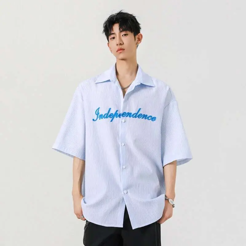 IEFB Men's Shirts Short Sleeve New Summer Stripe Letter Printed Design Lapel Singel Breasted Korean Style Male Tees 9W2073