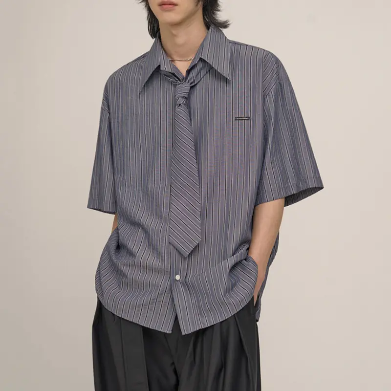 IEFB Niche Design Men's Shirt Stripe Turn-down Collar Tie Decoration Short Sleeve Contrast Color Single Breasted Male Top 9W2718