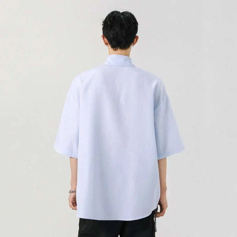 IEFB Men's Shirts Short Sleeve New Summer Stripe Letter Printed Design Lapel Singel Breasted Korean Style Male Tees 9W2073