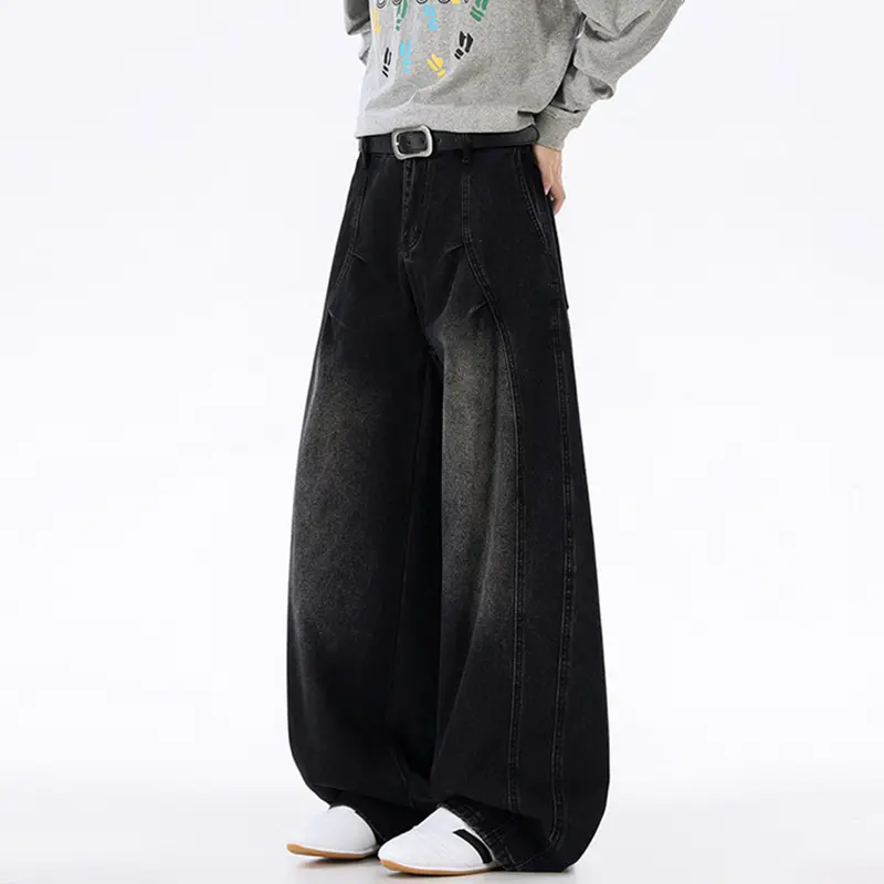 IEFB Men's Denim Pants New Sylish American Style Curved Cut Pleated Wide Leg Jeans Baggy Versatile Straight Floor Length 9W4072