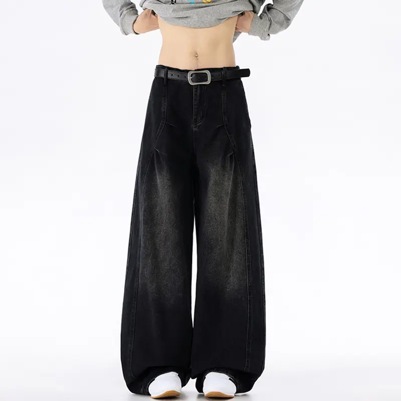 IEFB Men's Denim Pants New Sylish American Style Curved Cut Pleated Wide Leg Jeans Baggy Versatile Straight Floor Length 9W4072