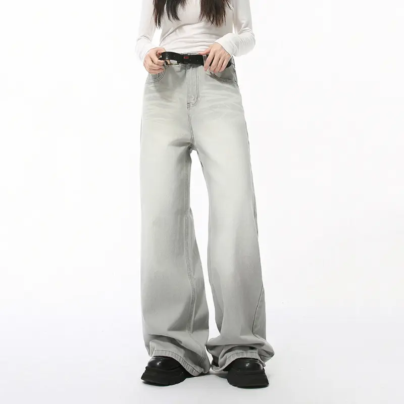 IEFB Loose Casual Men's Denim Pants New Cat Beard Washed Grinding White Light Grey Straight Wide Leg Jeans Four Seasons 9C4276