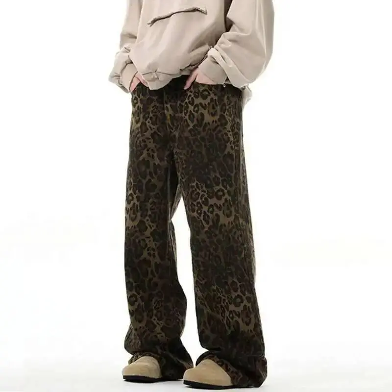 IEFB High Street Men's Jeans Leopard Print Casual Vintage American Denim Pants Straight Wide Leg Loose Male Trousers New 9W1219