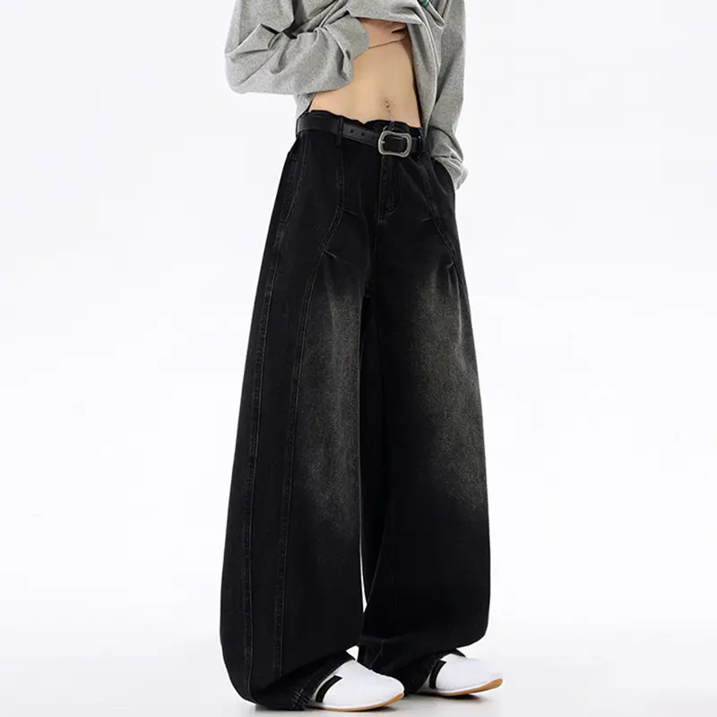 IEFB Men's Denim Pants New Sylish American Style Curved Cut Pleated Wide Leg Jeans Baggy Versatile Straight Floor Length 9W4072