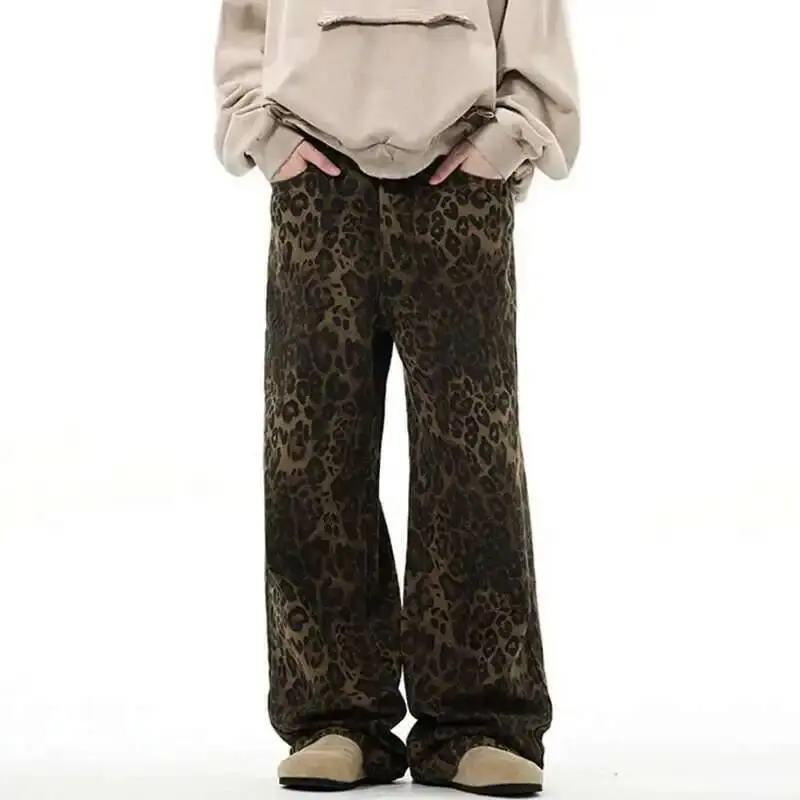 IEFB High Street Men's Jeans Leopard Print Casual Vintage American Denim Pants Straight Wide Leg Loose Male Trousers New 9W1219