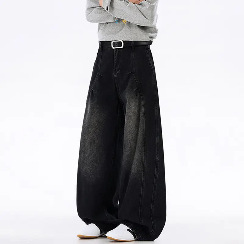 IEFB Men's Denim Pants New Sylish American Style Curved Cut Pleated Wide Leg Jeans Baggy Versatile Straight Floor Length 9W4072
