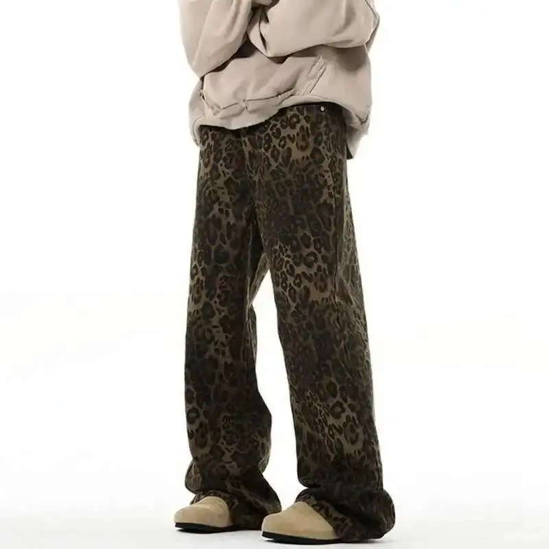 IEFB High Street Men's Jeans Leopard Print Casual Vintage American Denim Pants Straight Wide Leg Loose Male Trousers New 9W1219