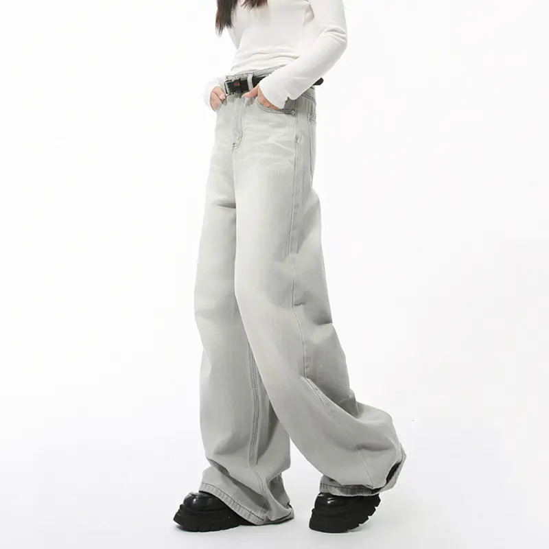 IEFB Loose Casual Men's Denim Pants New Cat Beard Washed Grinding White Light Grey Straight Wide Leg Jeans Four Seasons 9C4276