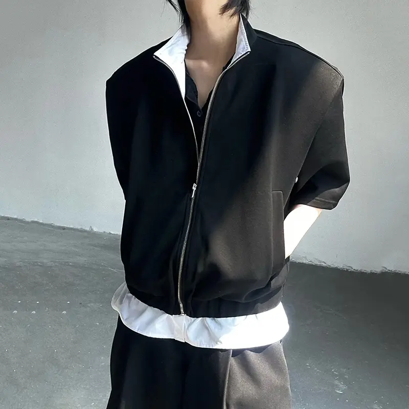 IEFB Niche Design Men's Jackets Stand Collar Fake Two-piece Contrast Color Zipper Short Sleeve Loose Male Coats Stylish 9W2947