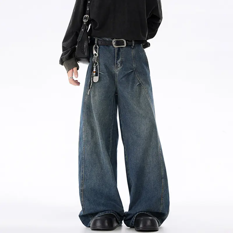 IEFB Men's Denim Pants New Sylish American Style Curved Cut Pleated Wide Leg Jeans Baggy Versatile Straight Floor Length 9W4072