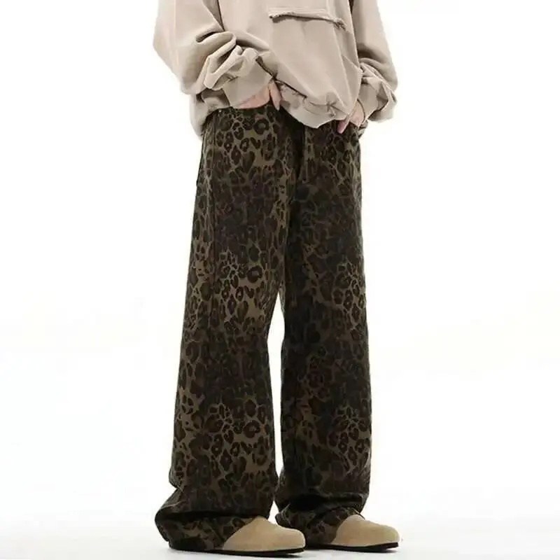 IEFB High Street Men's Jeans Leopard Print Casual Vintage American Denim Pants Straight Wide Leg Loose Male Trousers New 9W1219